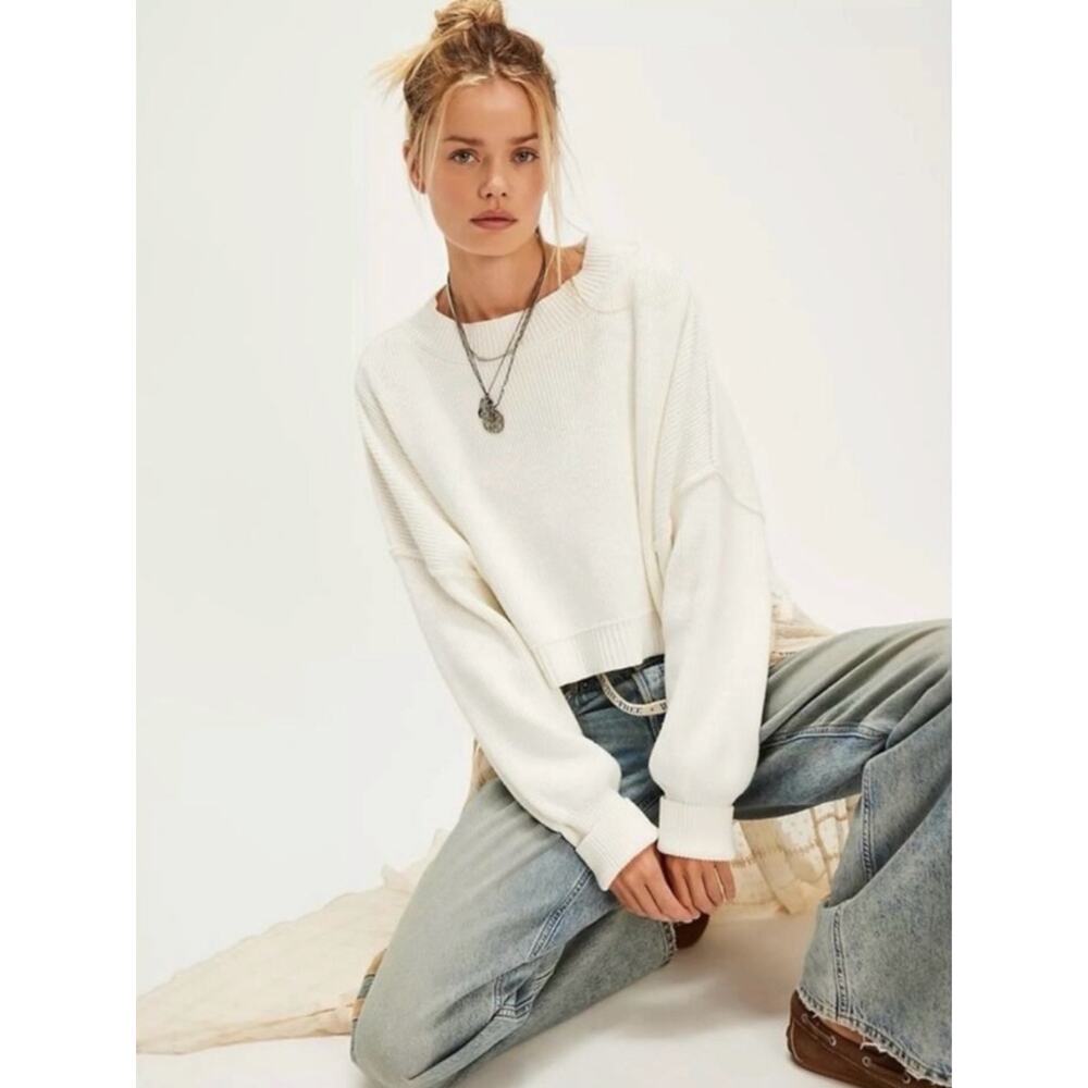 Free People Easy Street Crop Pullover Sweater in White Size Large Preppy Fall - Picture 2 of 16
